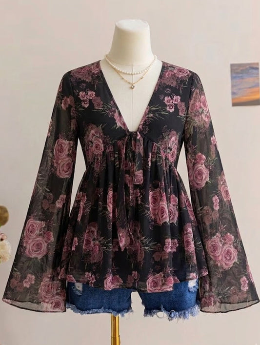 Black floral Flairy Top