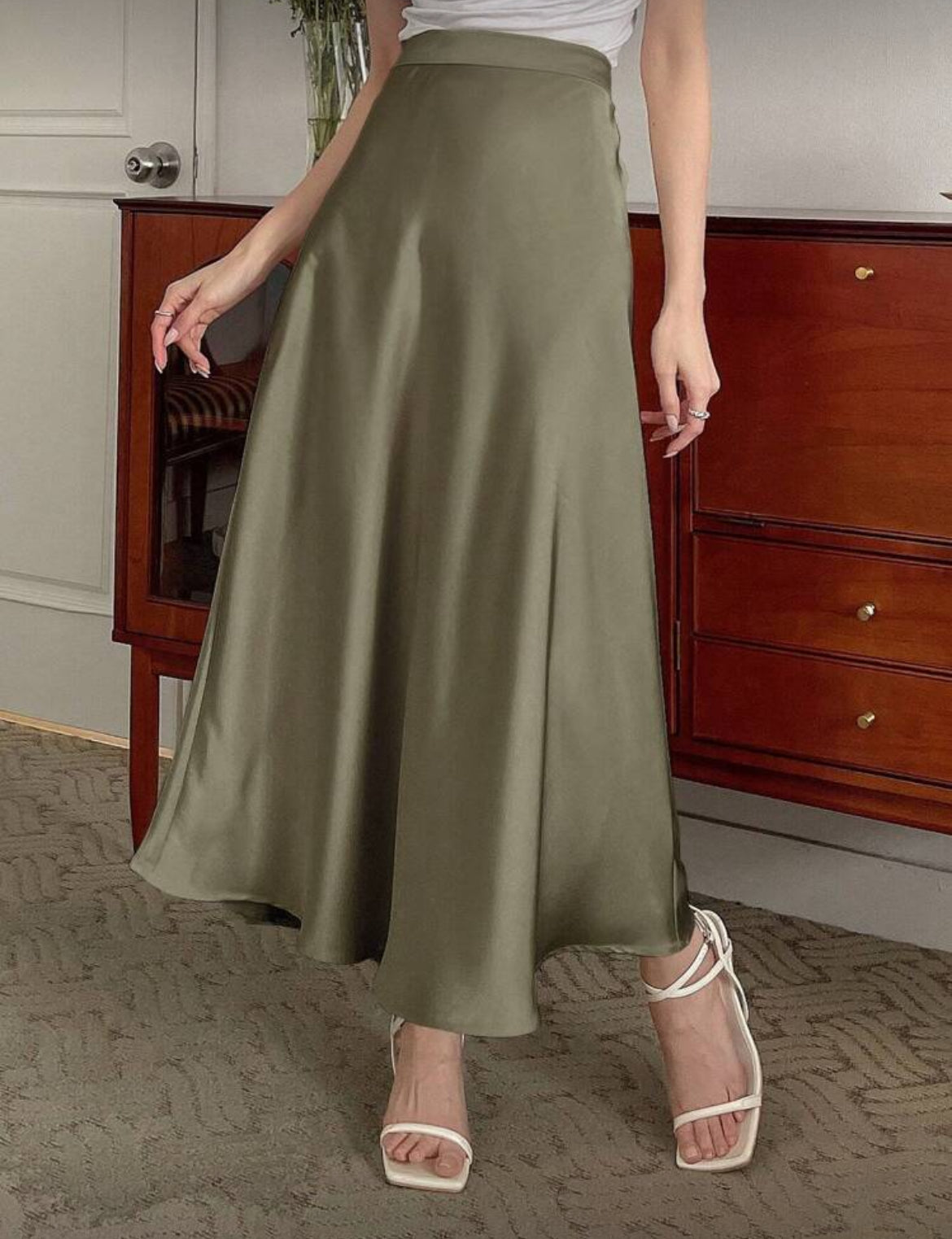 High Waist Solid Silk Skirt