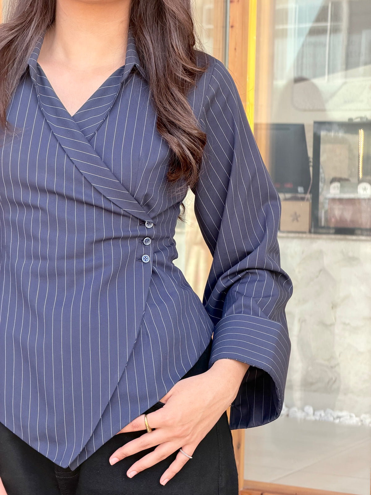 Navy Pinstripe Top