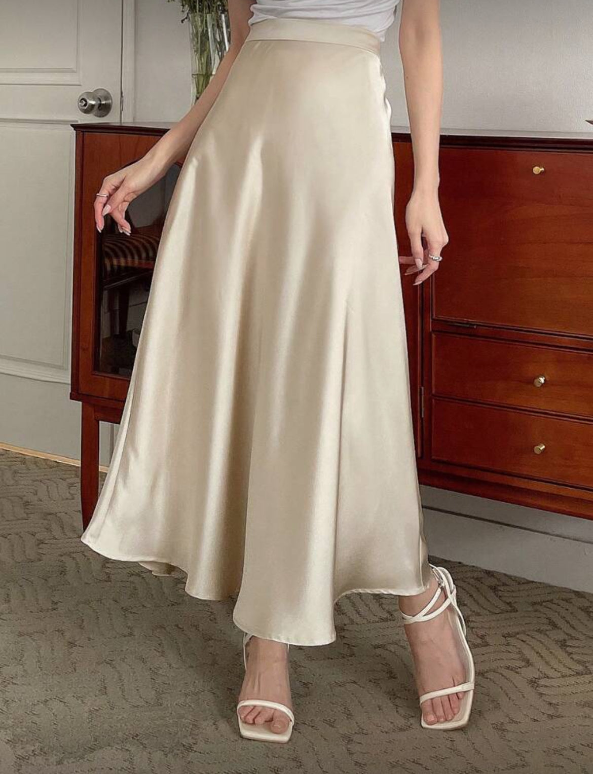 High Waist Solid Silk Skirt