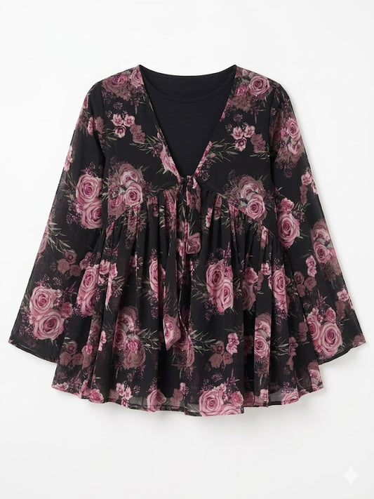 Black floral Flairy Top