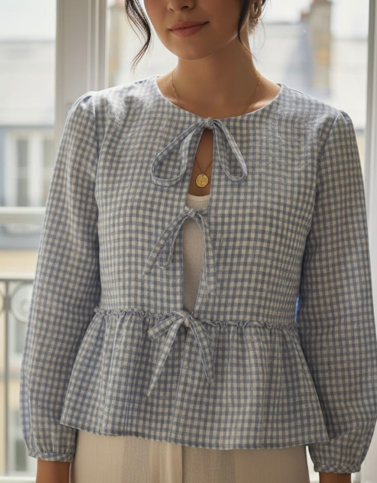 Blue Gingham bow Top