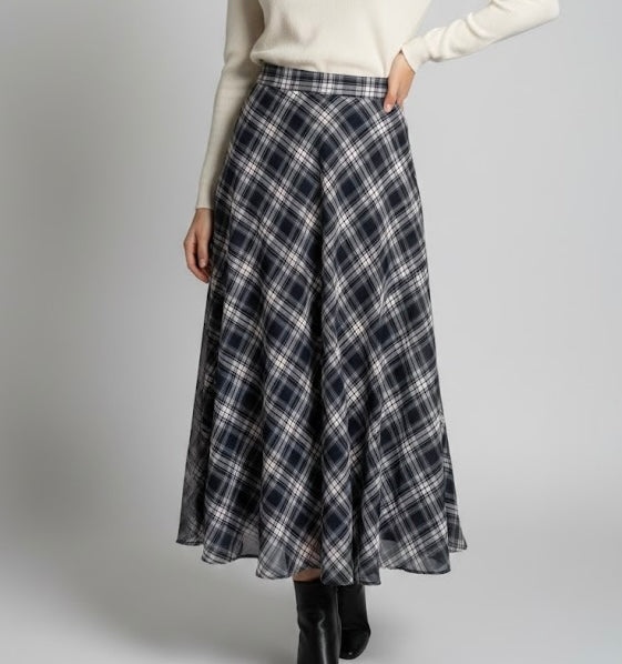Navy Muse Check Skirt