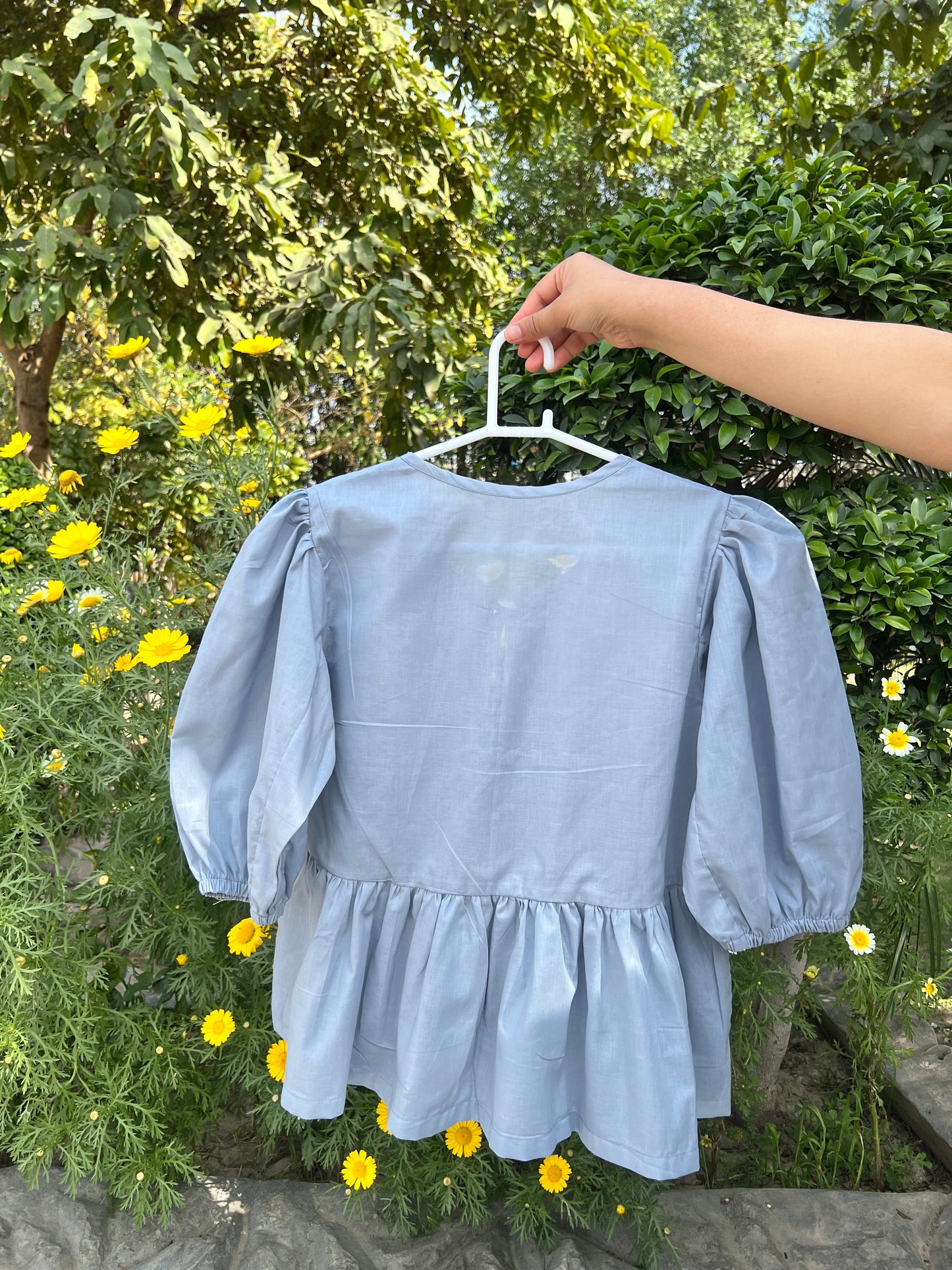 Blue front tie top