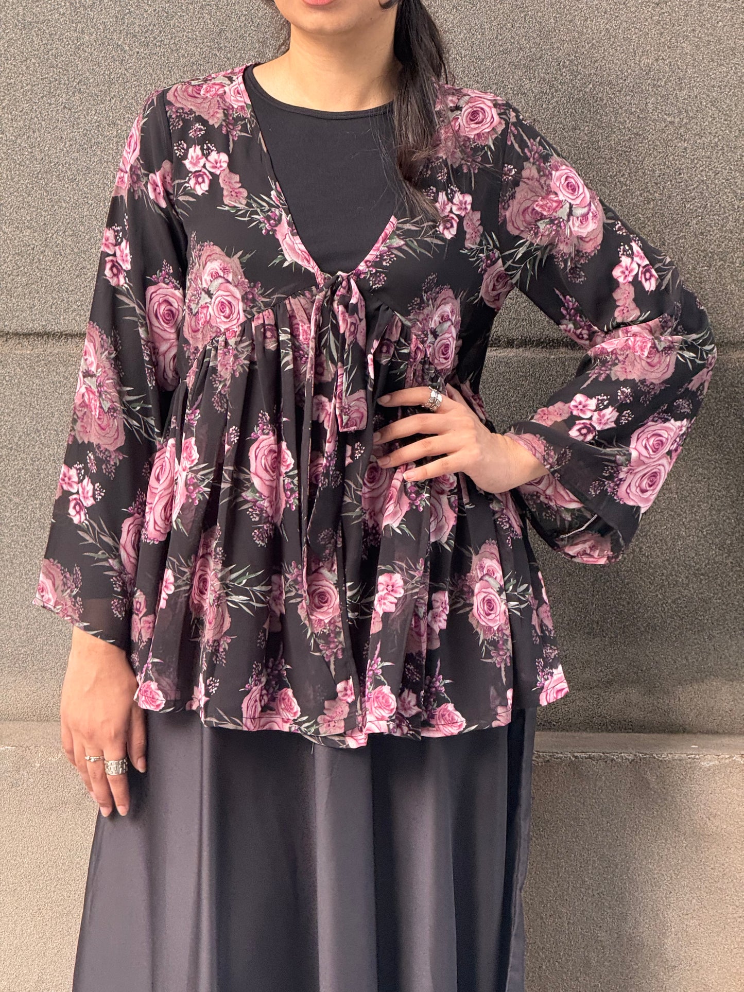 Black floral Flairy Top