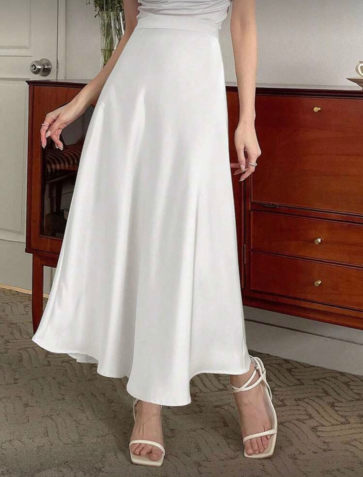 High Waist Solid Silk Skirt