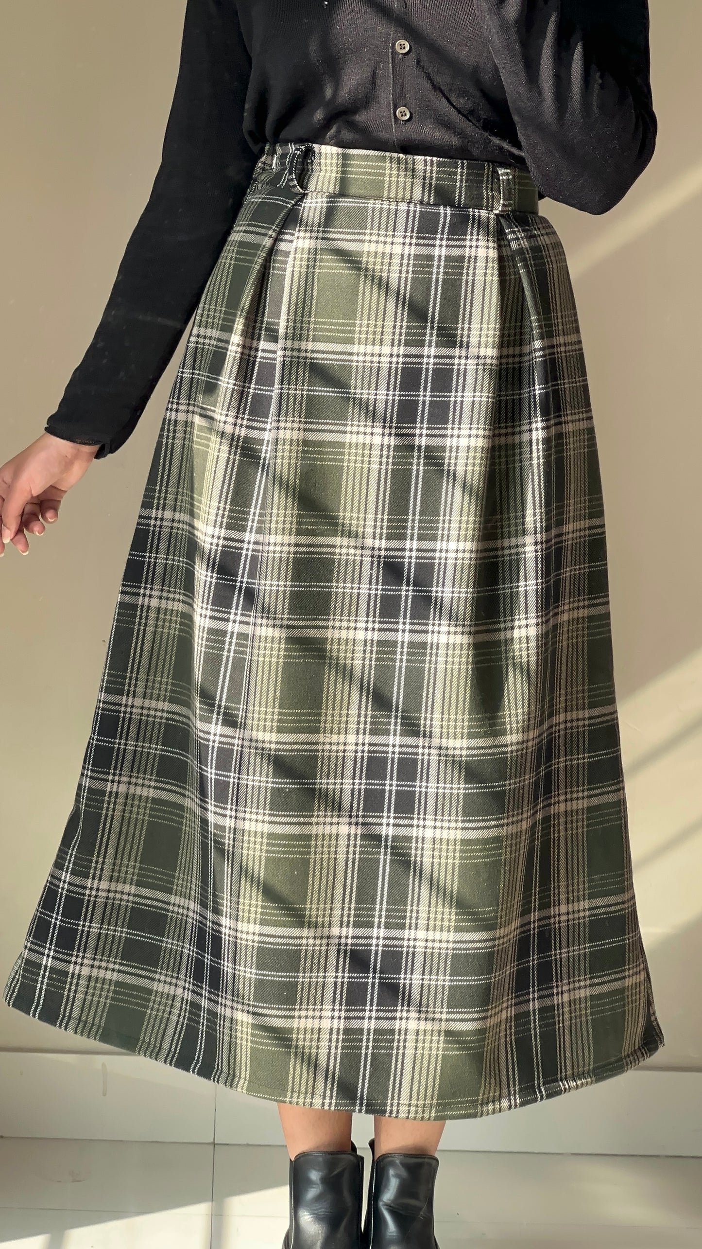 Green Check Wool Midi Skirt