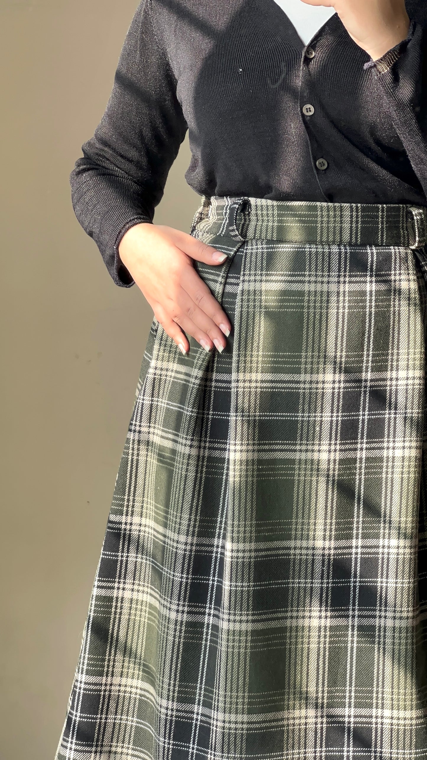 Green Check Wool Midi Skirt