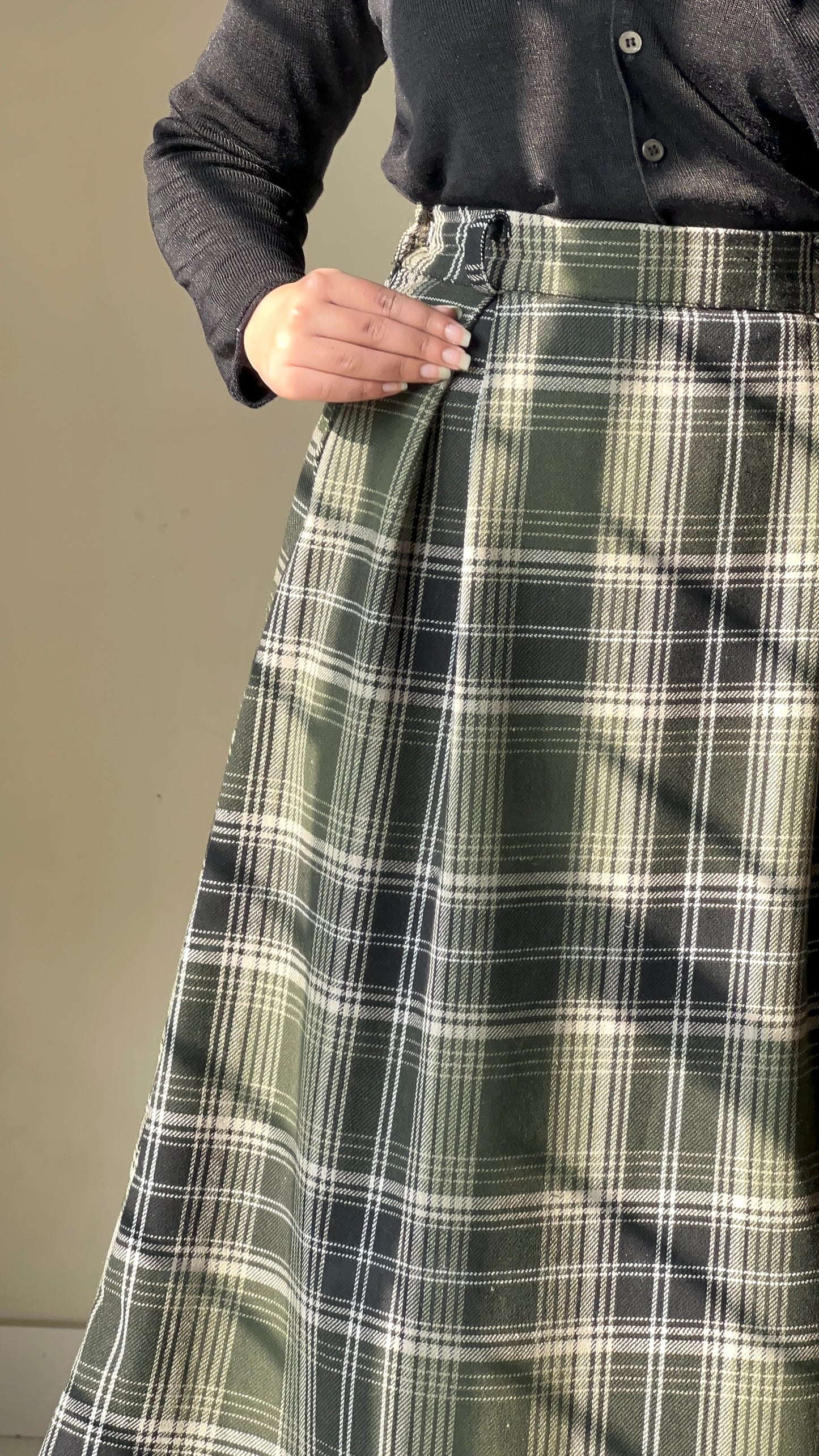 Green Check Wool Midi Skirt