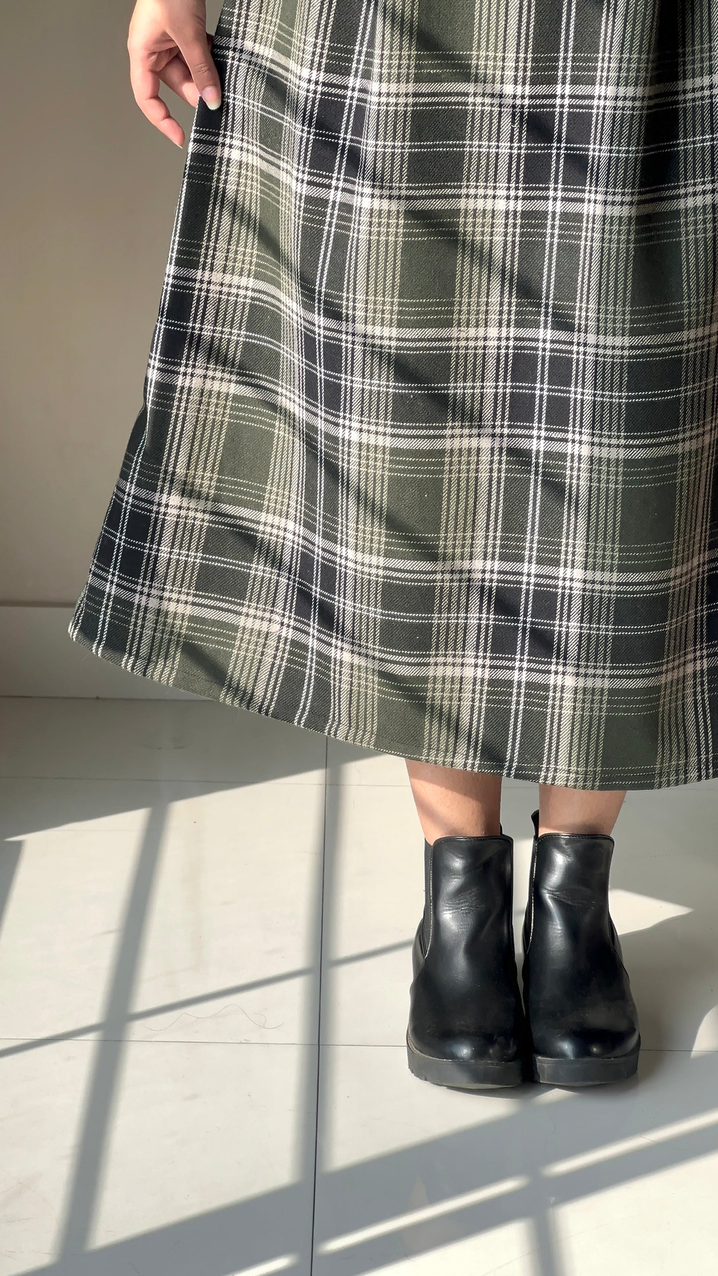 Green Check Wool Midi Skirt