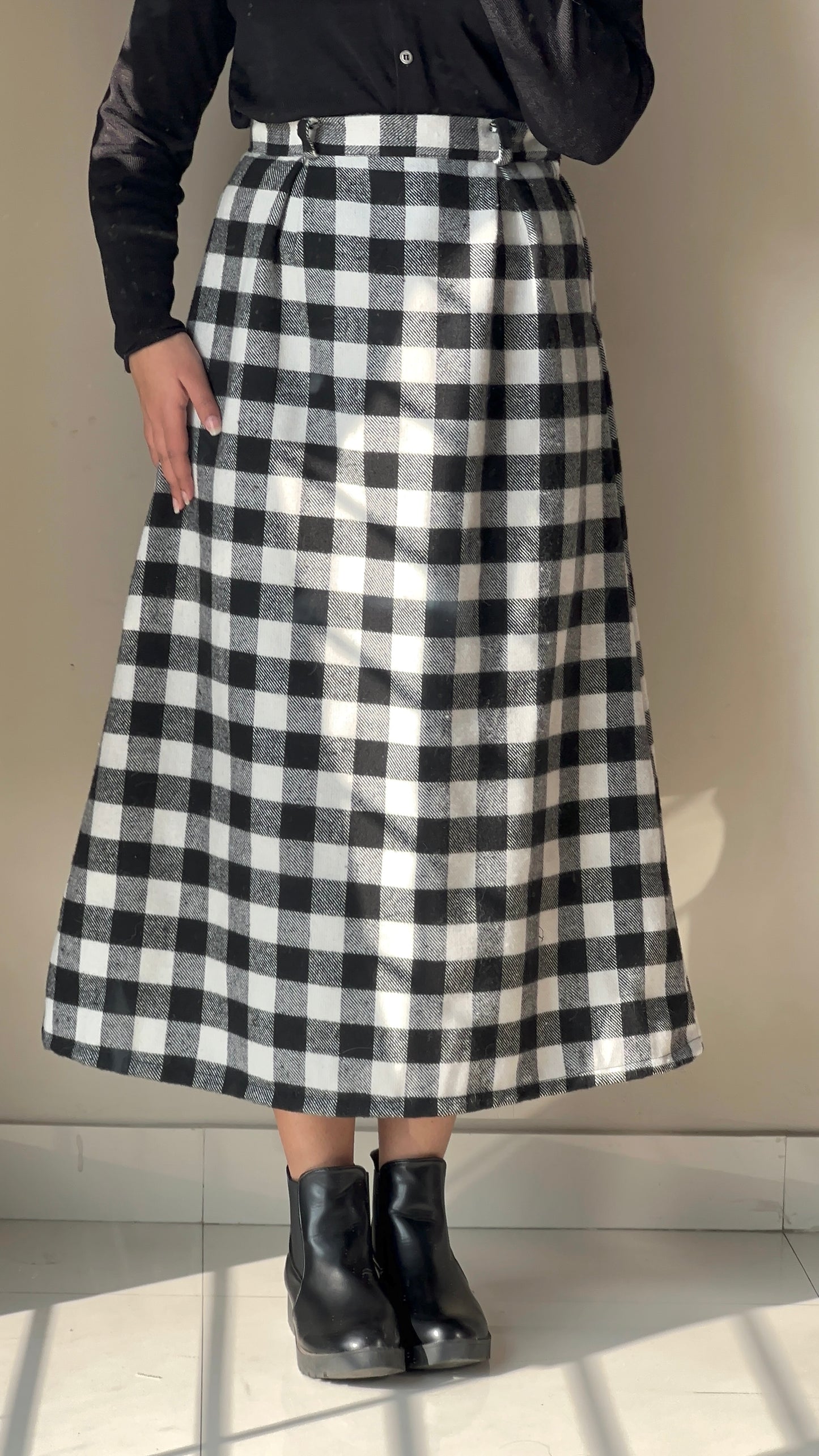 Black Check Wool Skirt